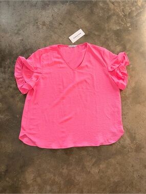 Culture Code Plus 3X Hot Pink Ruffle Sleeve V Neck Blouse NWT Boutique Top